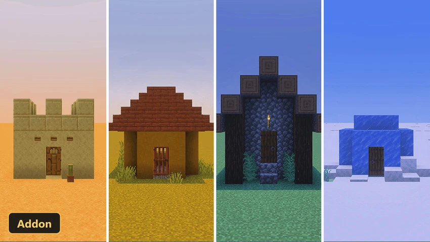 Four different house types in desert, savanna, dark forest, and snowy biomes