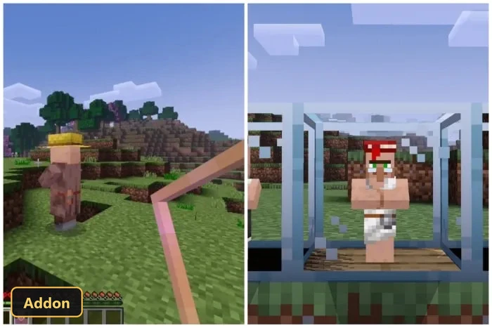 a villager minion and a wandering trader in a glass block