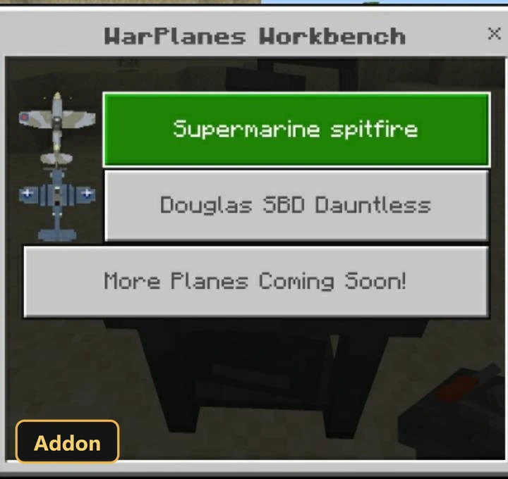 WarPlanes Workbench menu showing Supermarine Spitfire and Douglas SBD Dauntless