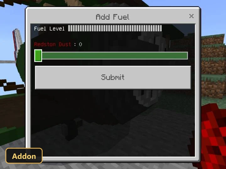 Add Fuel" menu with "Fuel Level" and "Redston Dust" bars