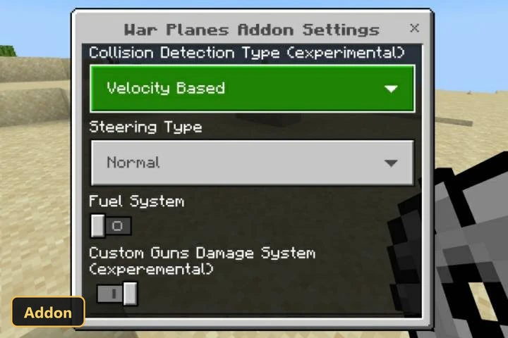War Planes Addon Settings" menu with various options