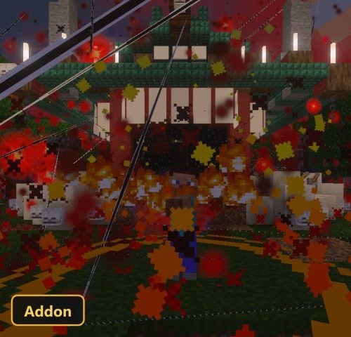 Japanese-style building with many red and yellow particle effects