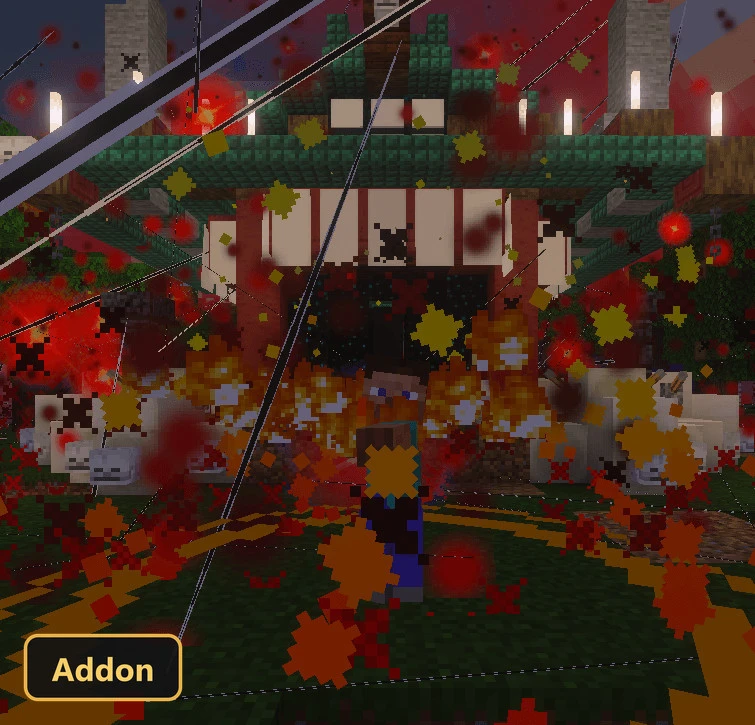 Japanese-style building with many red and yellow particle effects