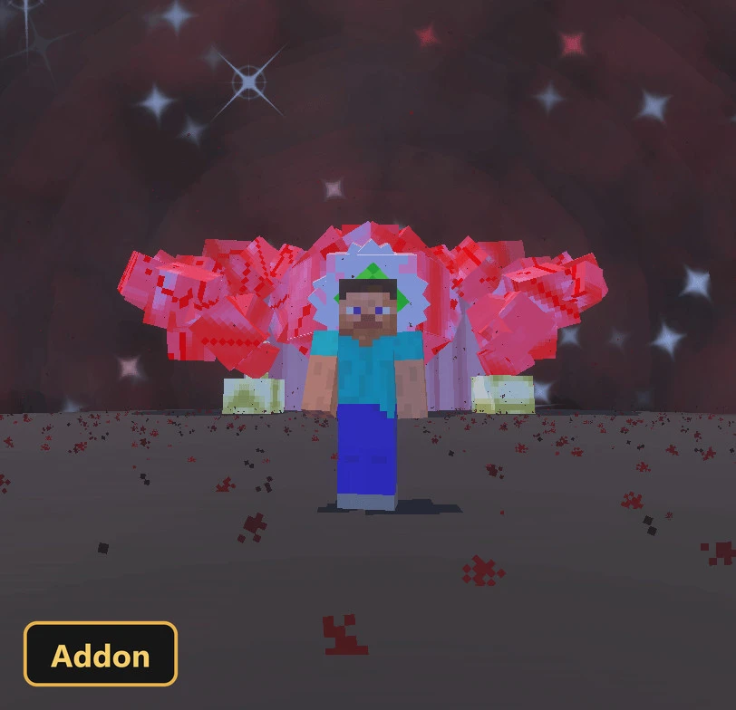 Steve character in a dark room with red crystal blocks and stars