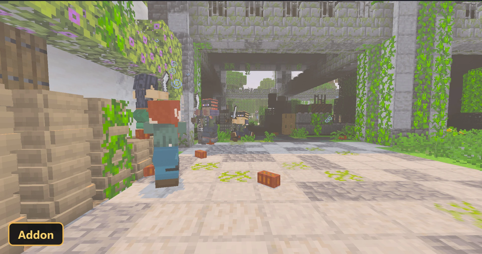 Overgrown ruined building interior with characters, foggy atmosphere