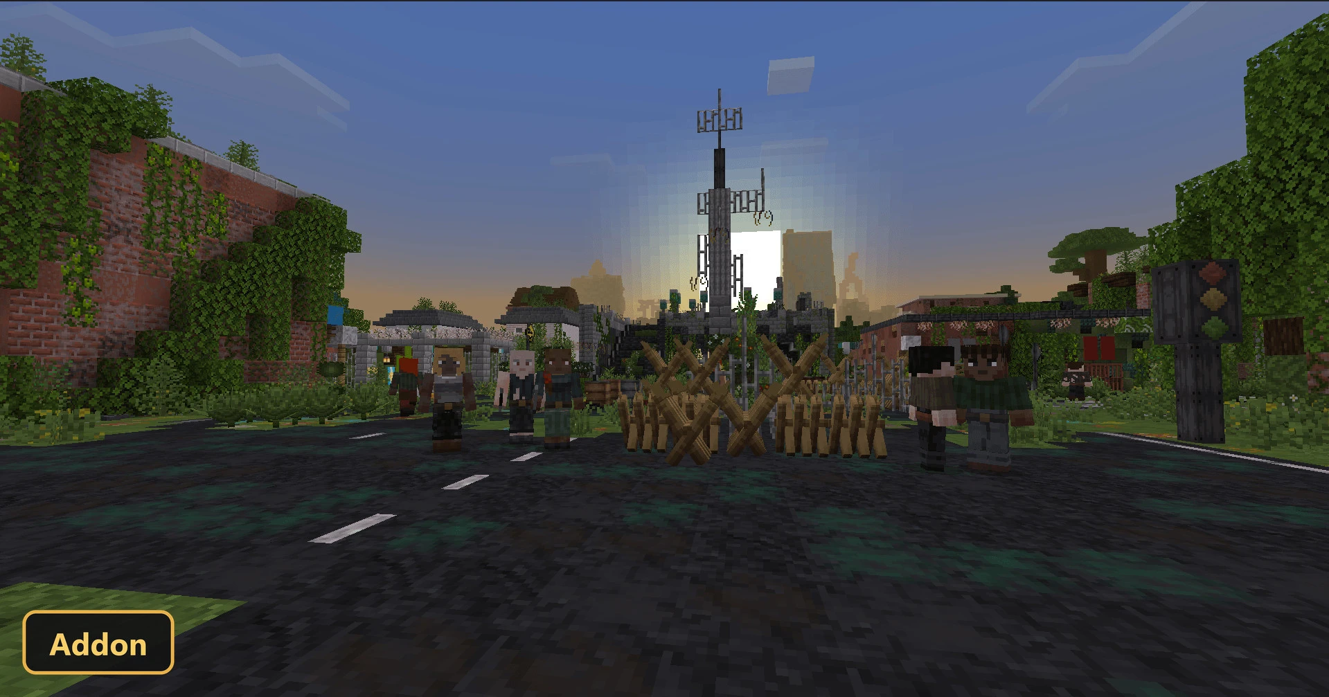 Apocalyptic city street with characters and barricades at sunset