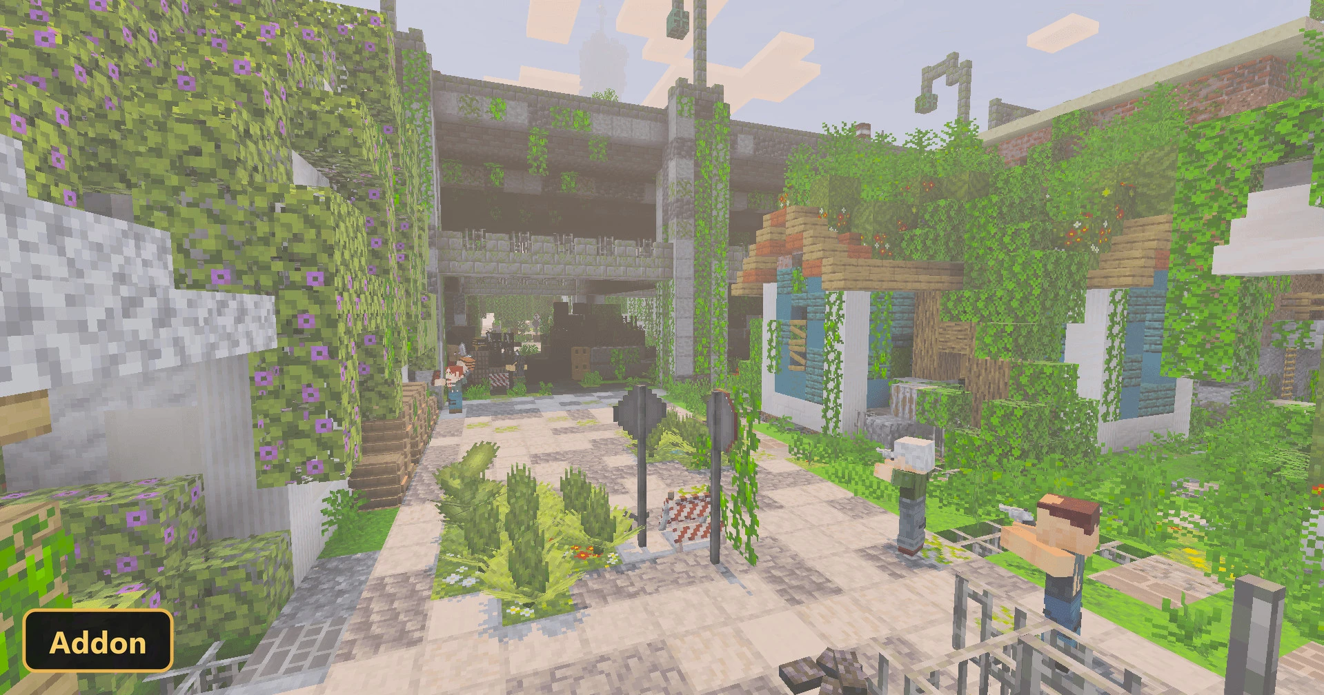 Overgrown city street with characters, abandoned buildings, and fog