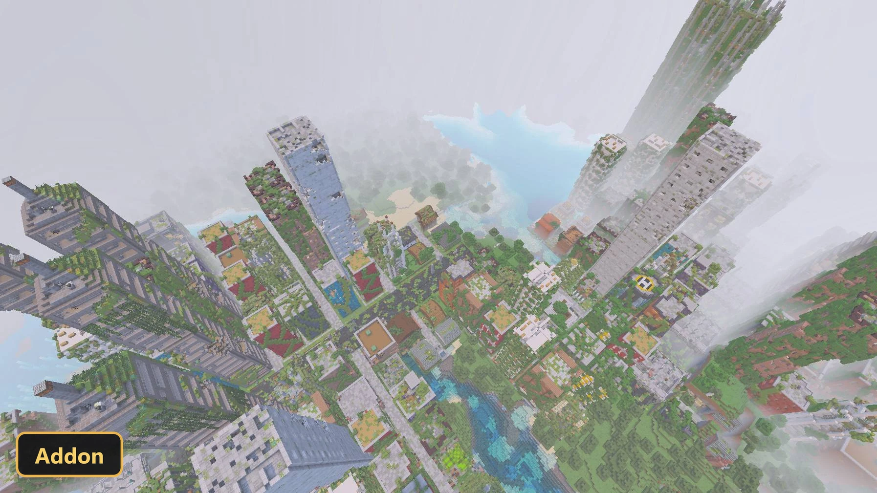 Aerial view of an overgrown apocalyptic city by the sea