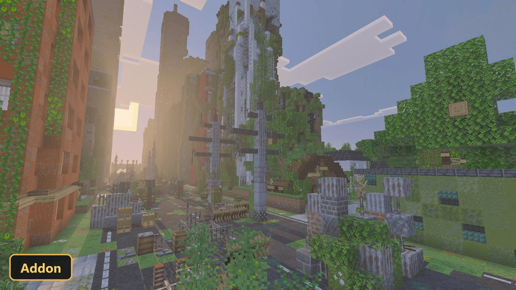 Overgrown city street with abandoned buildings and power lines at sunset