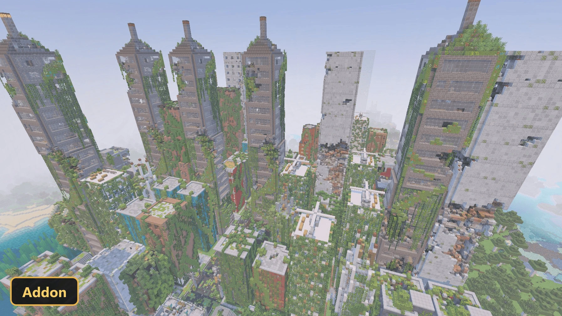 Aerial view of an overgrown apocalyptic city with tall buildings