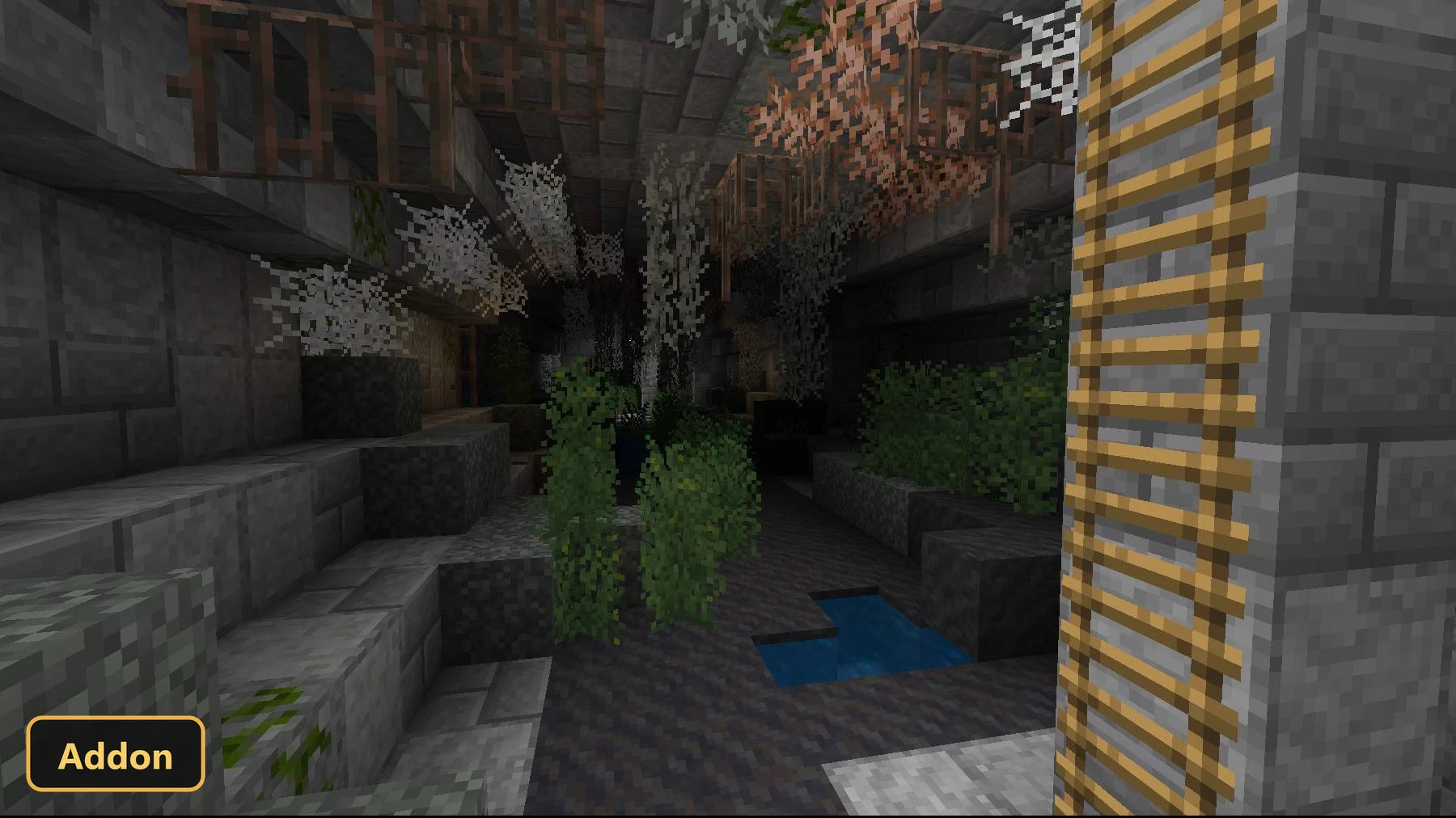 Dark, overgrown underground bunker with cobwebs and water