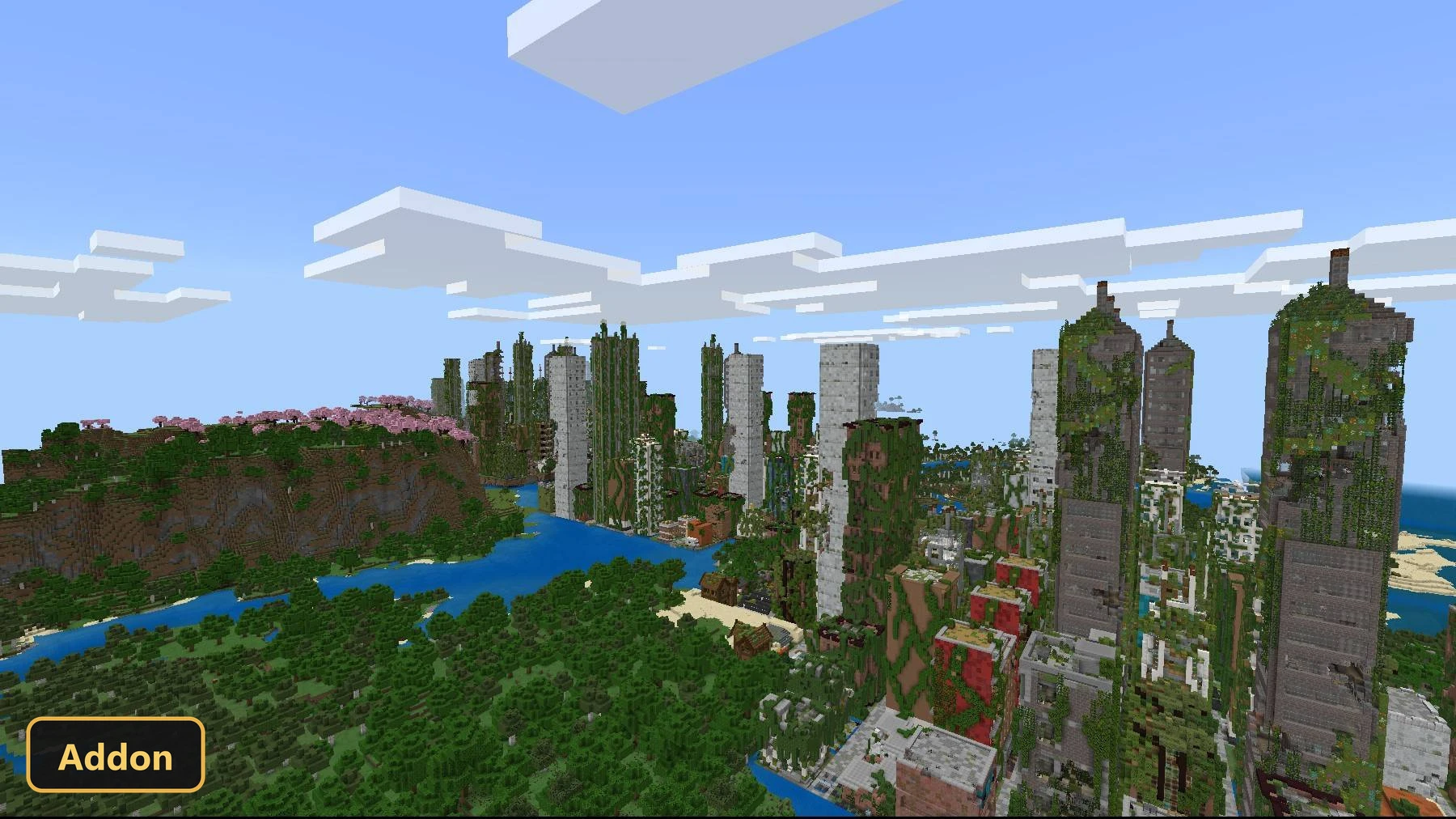 Wide view of an overgrown apocalyptic city next to a river