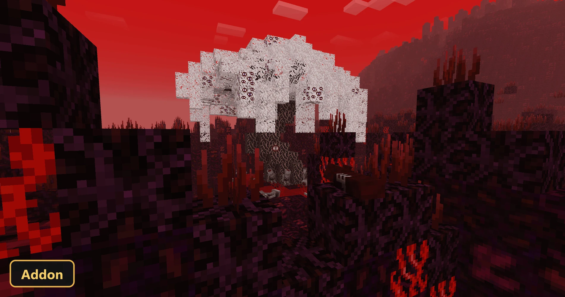 red-tinted nether-like biome with a large white tree