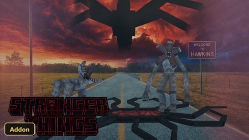 two Demogorgons and a Mind Flayer on a road at sunset