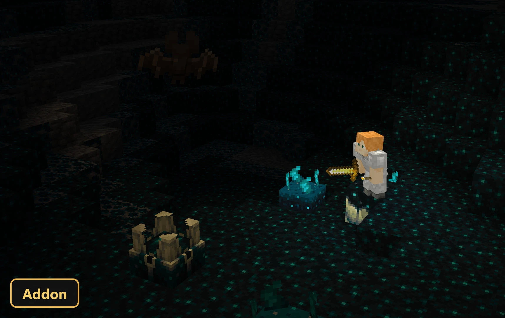player holding a glowing sword in a dark deepslate cave