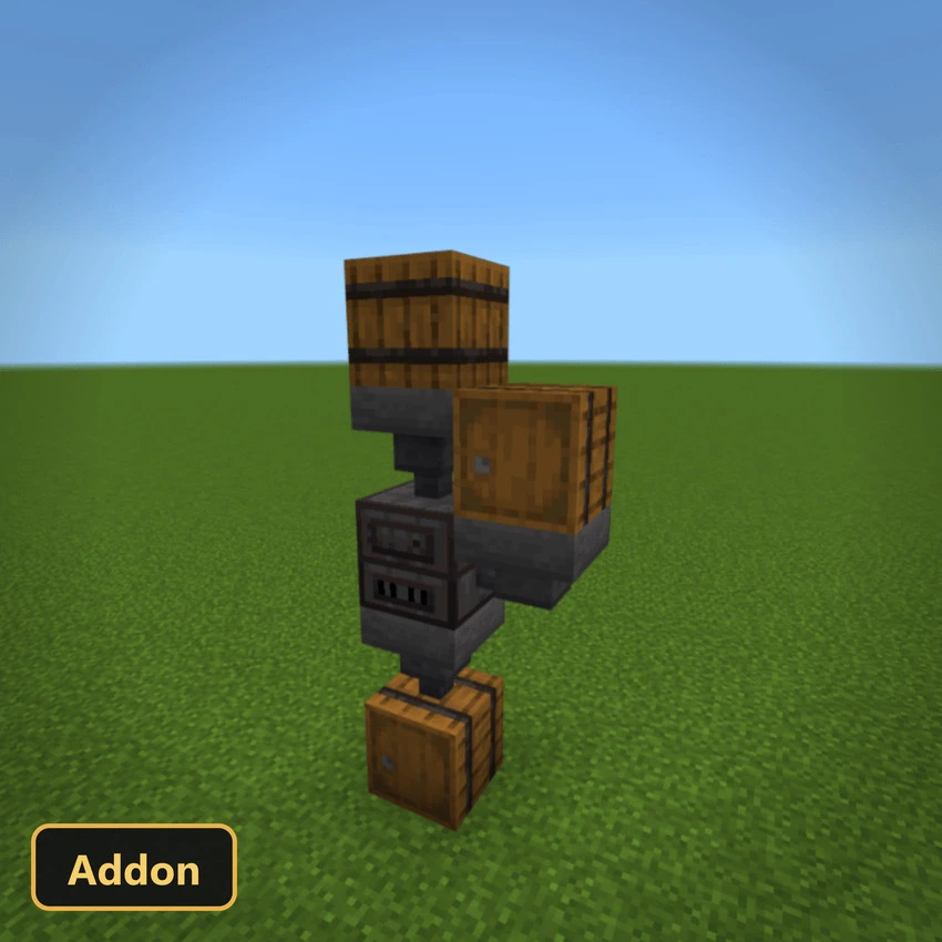 a furnace connected to barrels and hoppers in a grassy world