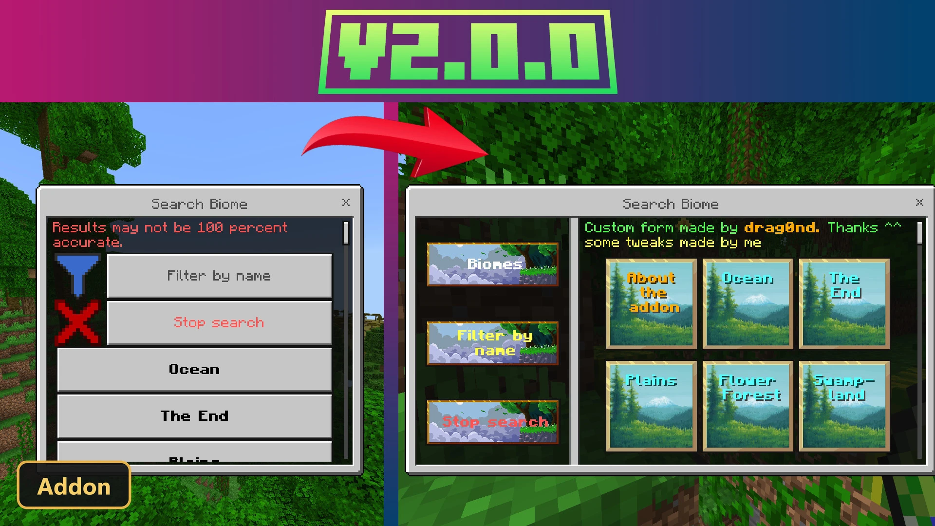 two versions of the biome search menu with different layouts