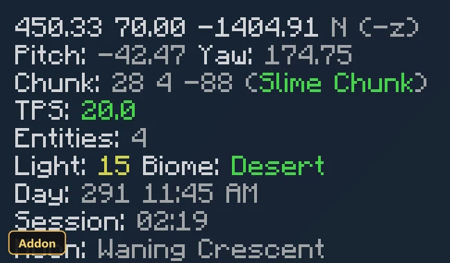 debug screen showing coordinates, biome, time, and entities