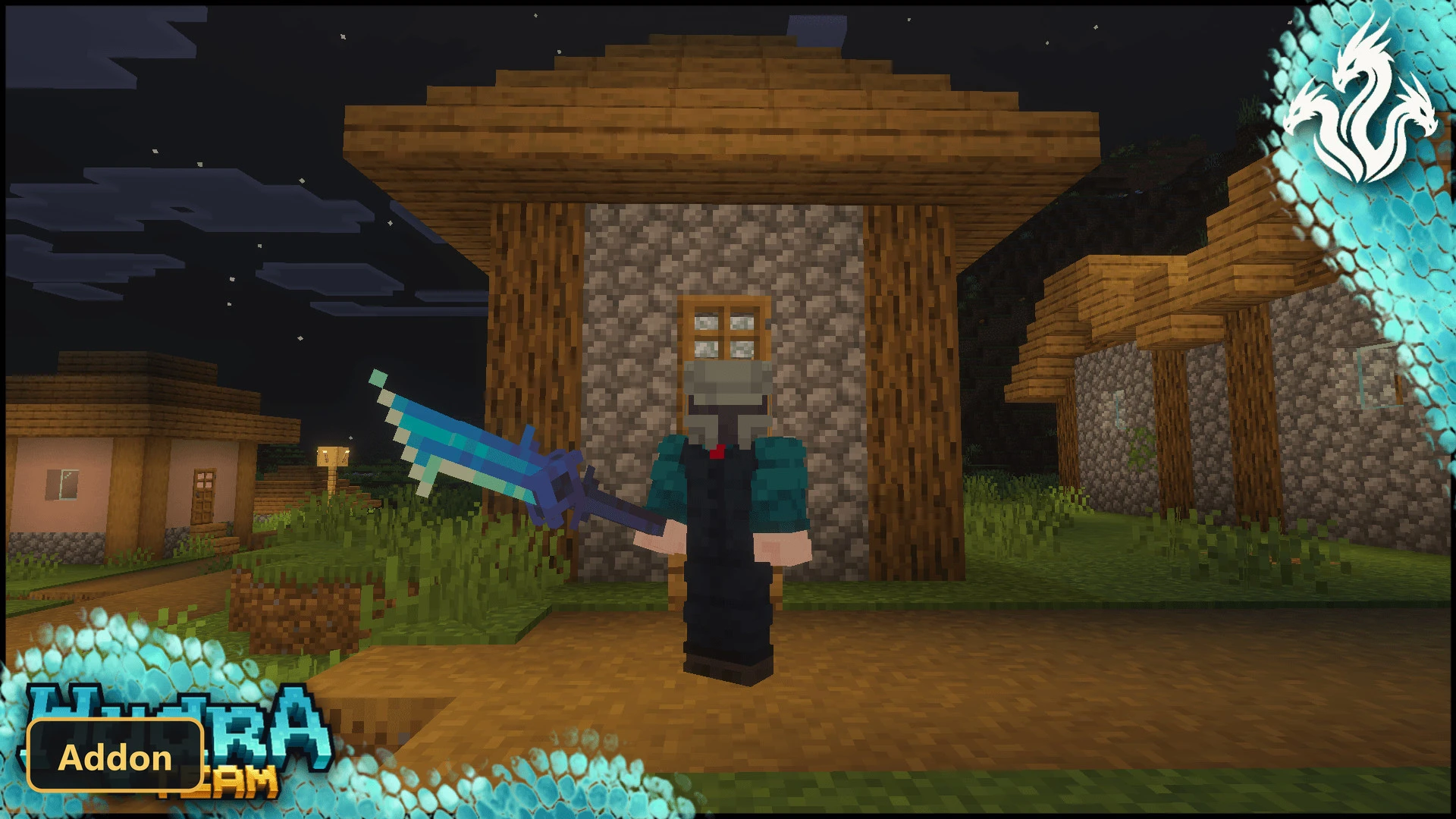 player character holding a blue sword at night