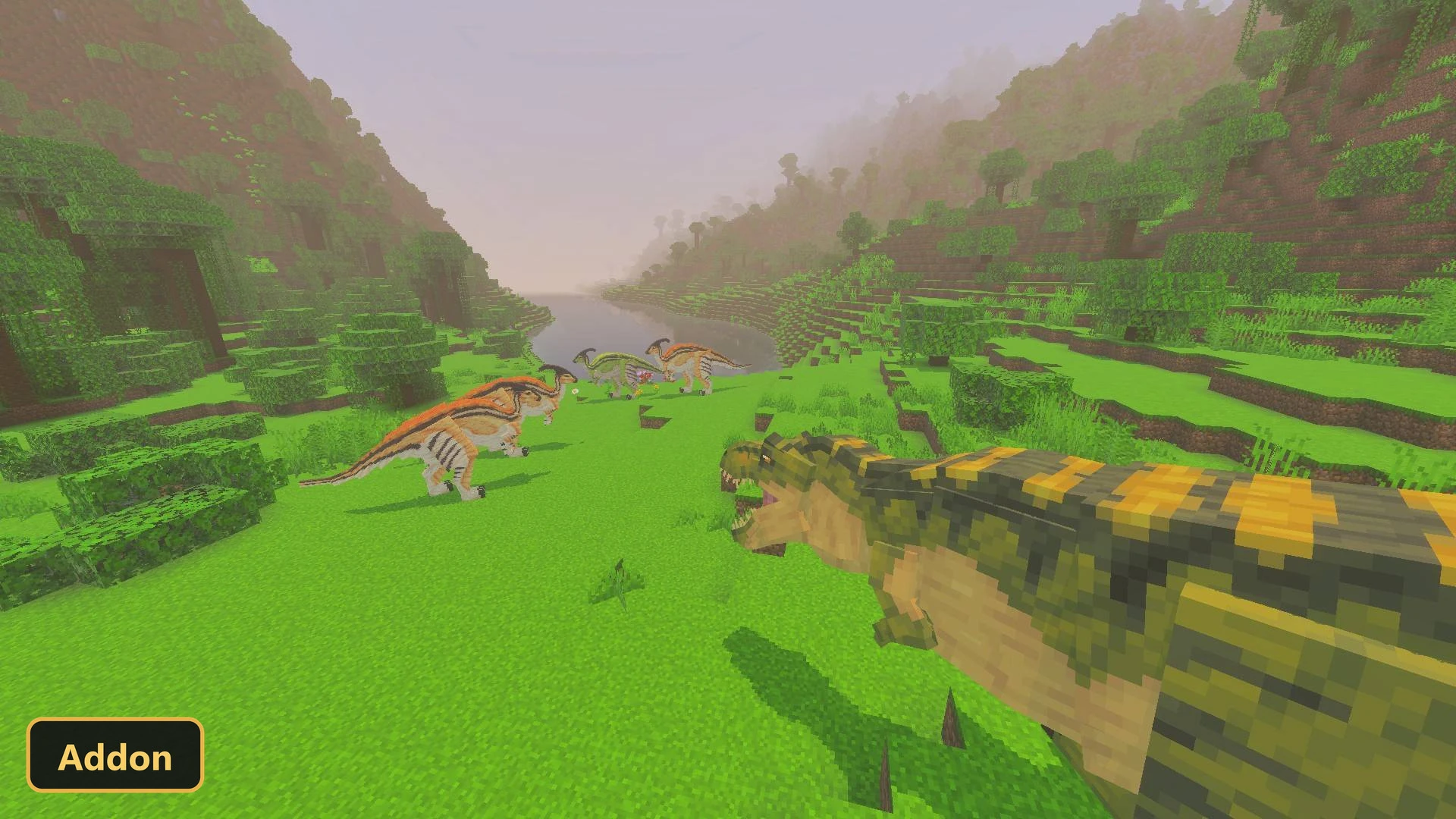a large dinosaur chasing smaller dinosaurs by a river