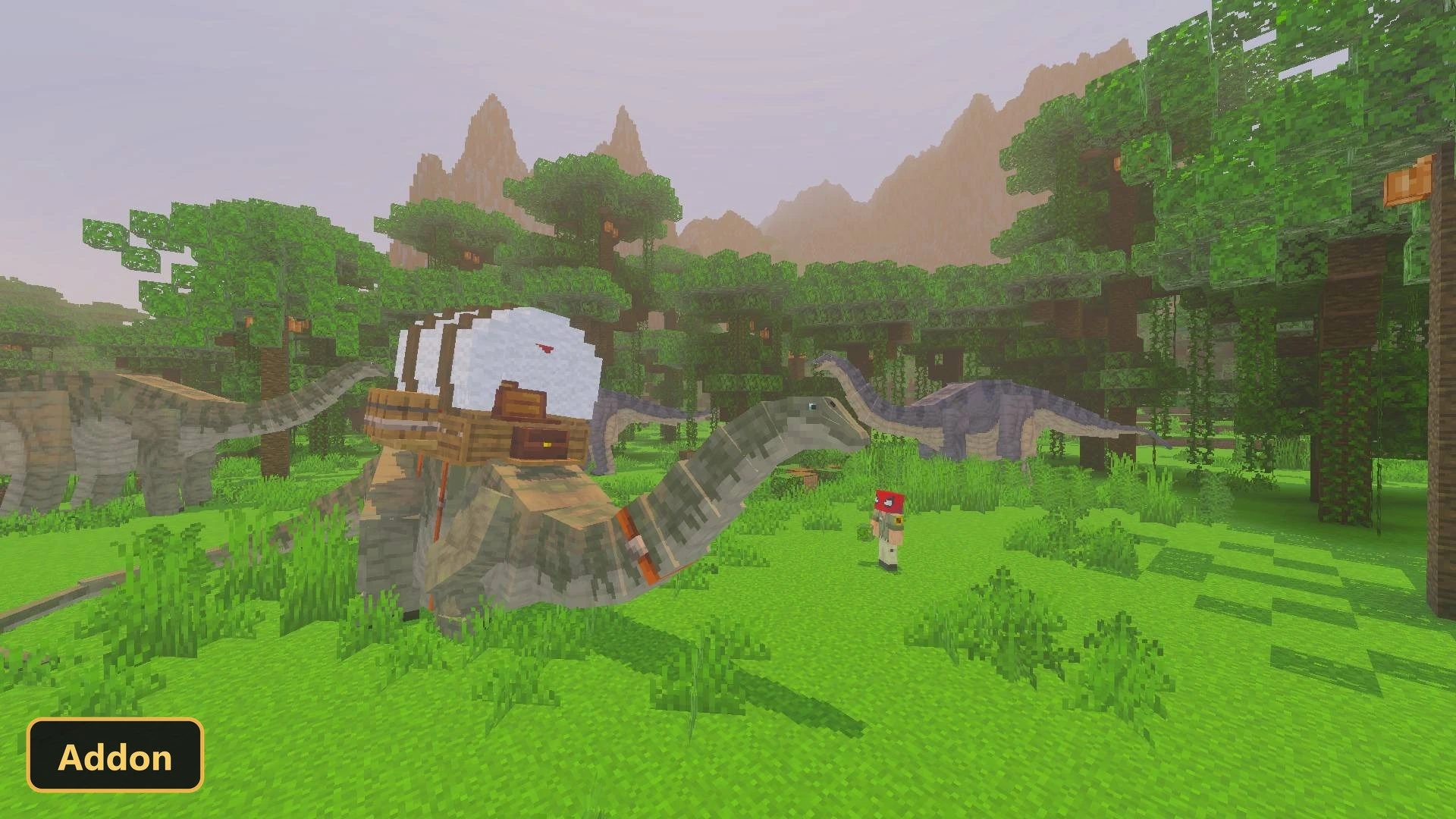 a player next to a large dinosaur with a saddle