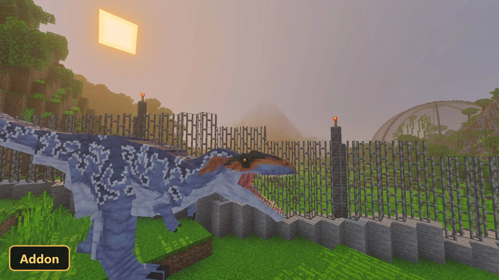 a blue dinosaur next to a fence with a dome in background