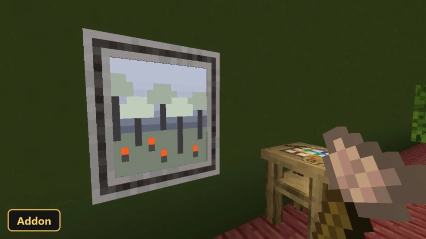player holding a brush, looking at a framed painting