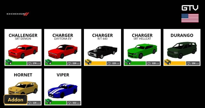 seven different Dodge car models with their names and stats