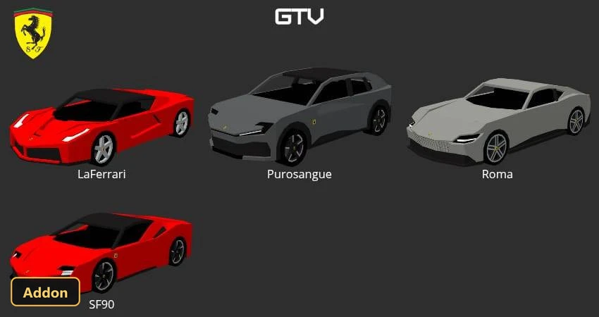 four different Ferrari car models on a plain background