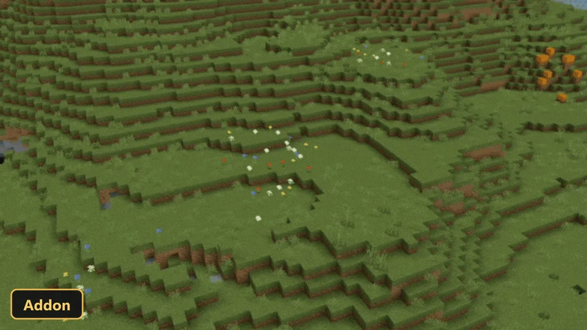 aerial view of a grassy landscape with scattered flowers