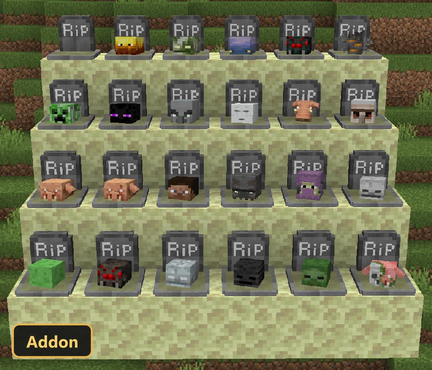 twenty-four gravestones with mob heads on end stone blocks