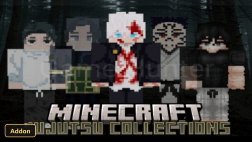 five character skins from the add-on on a dark forest background
