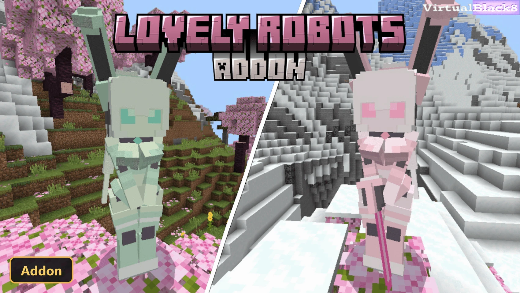two robot mobs in different biomes with a title