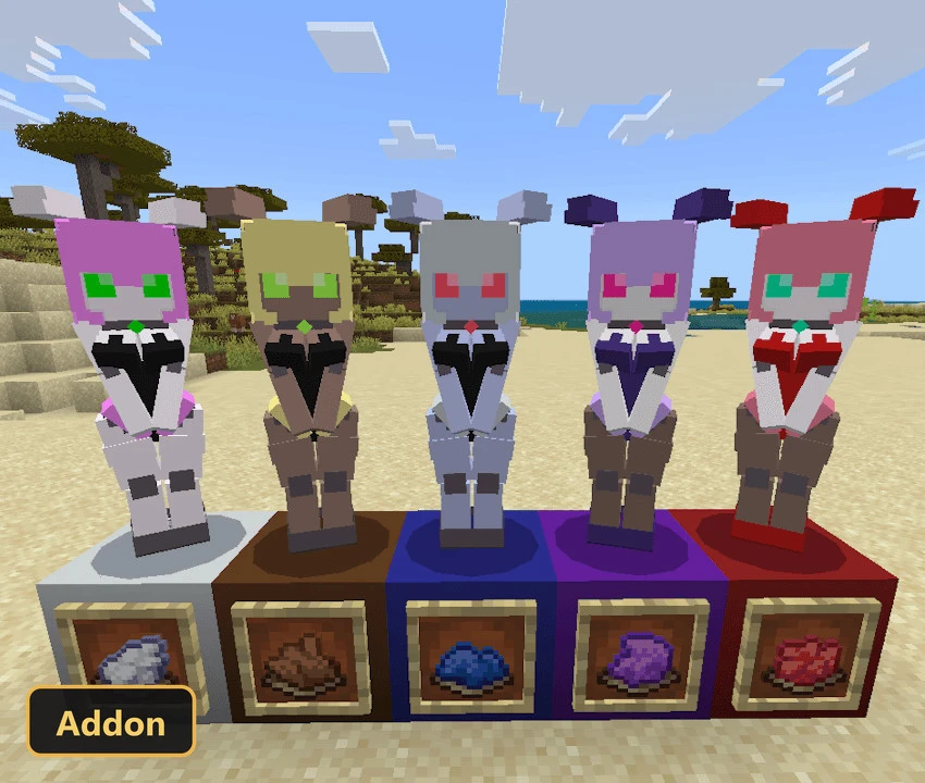 five robot mobs and crafting ingredients on a beach