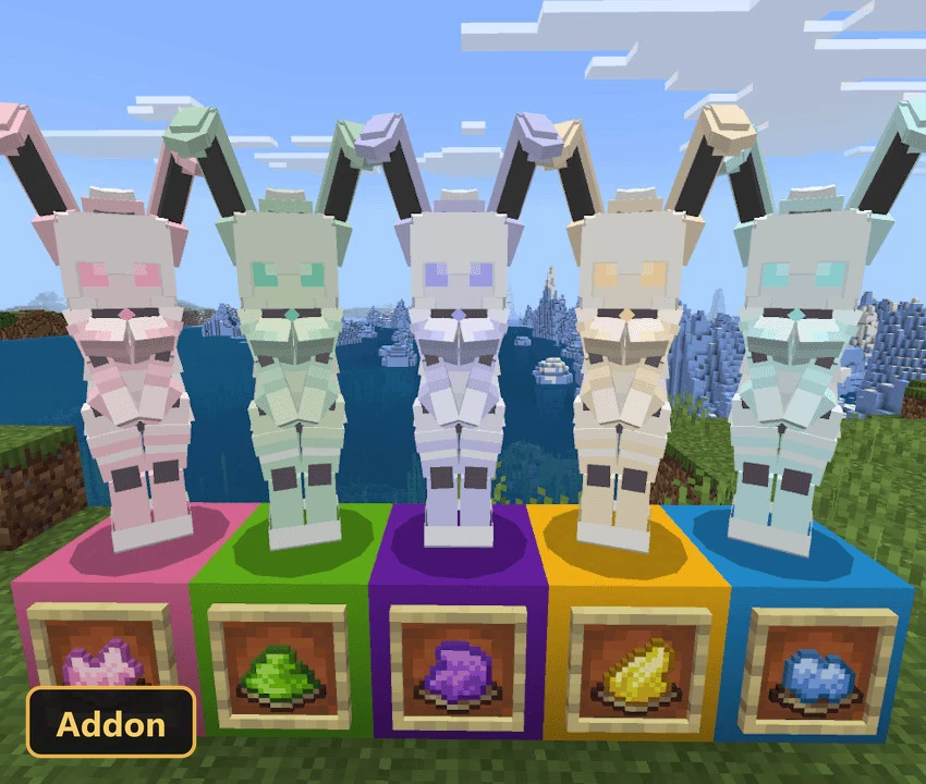five robot mobs and crafting ingredients on a grassy beach