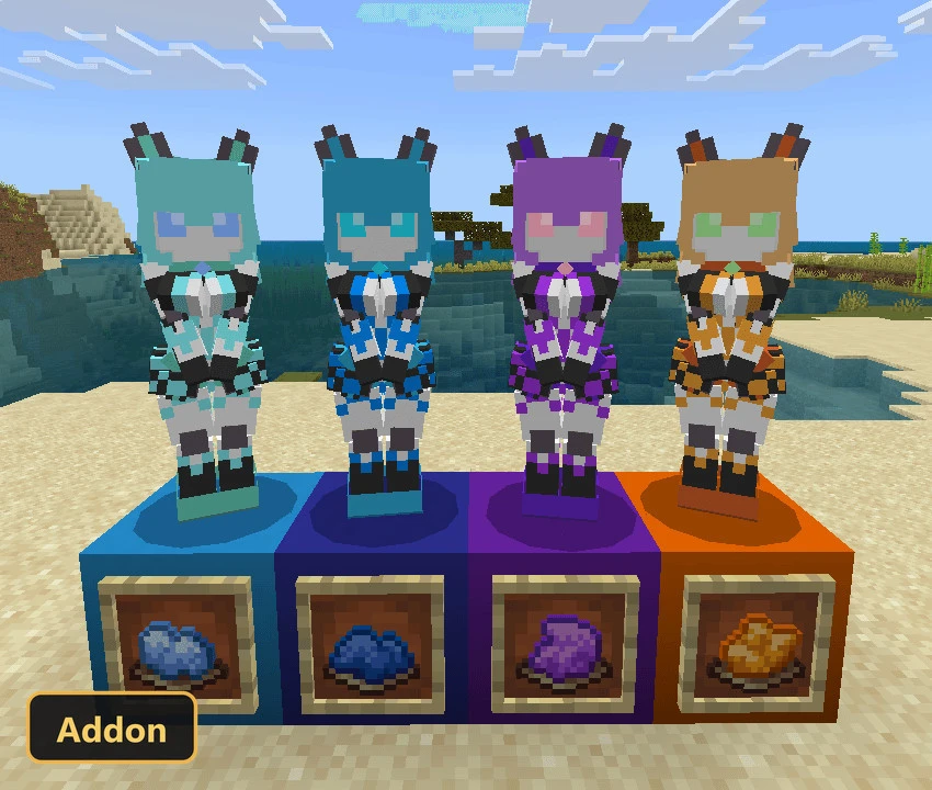 four robot mobs and crafting ingredients on a beach