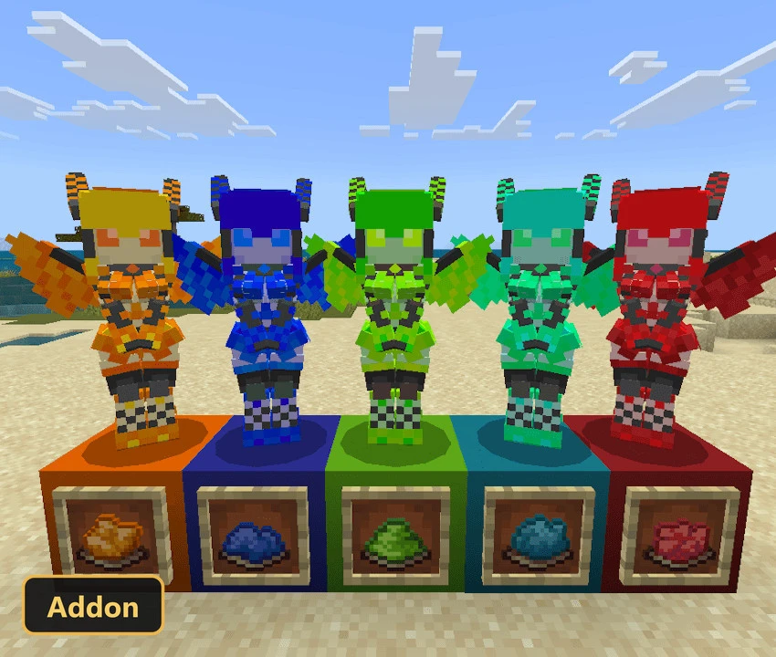 five robot mobs with wings and crafting ingredients on a beach