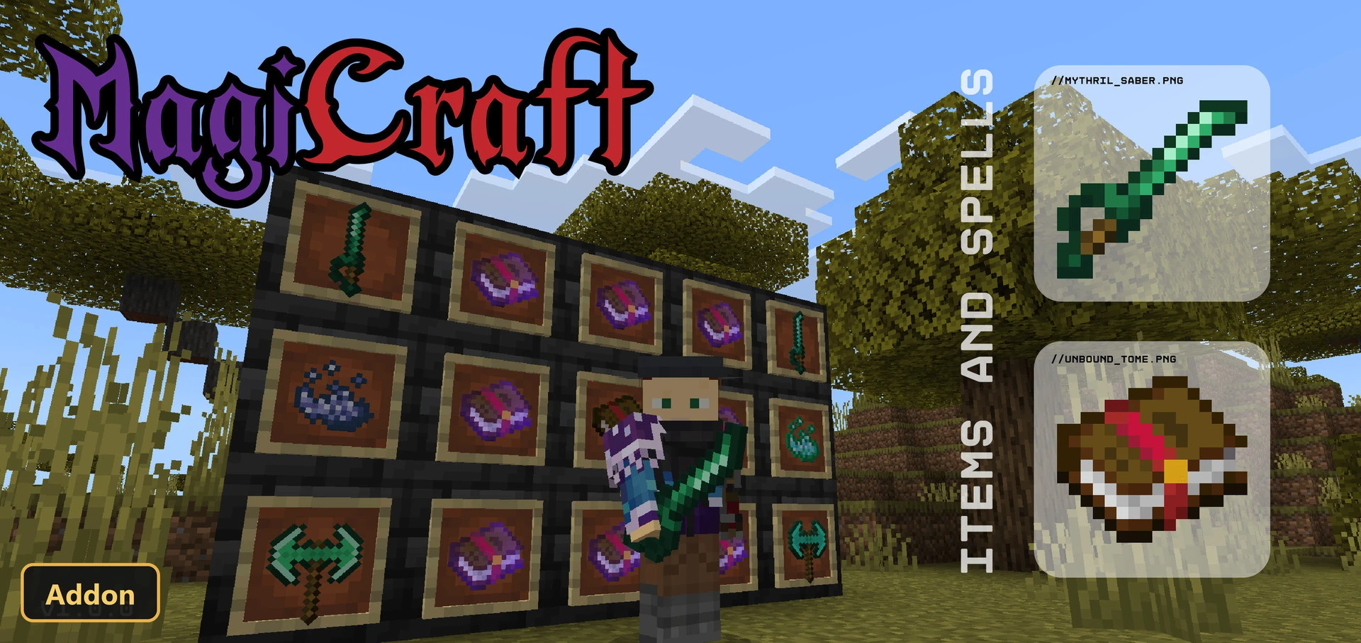 player character with custom armor, weapons, and spell books