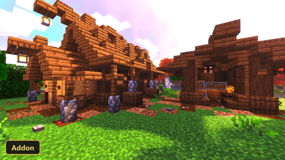 close-up of two wooden medieval buildings