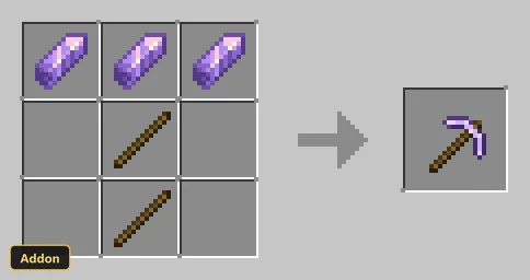 crafting recipe for a purple pickaxe from amethyst shards and sticks