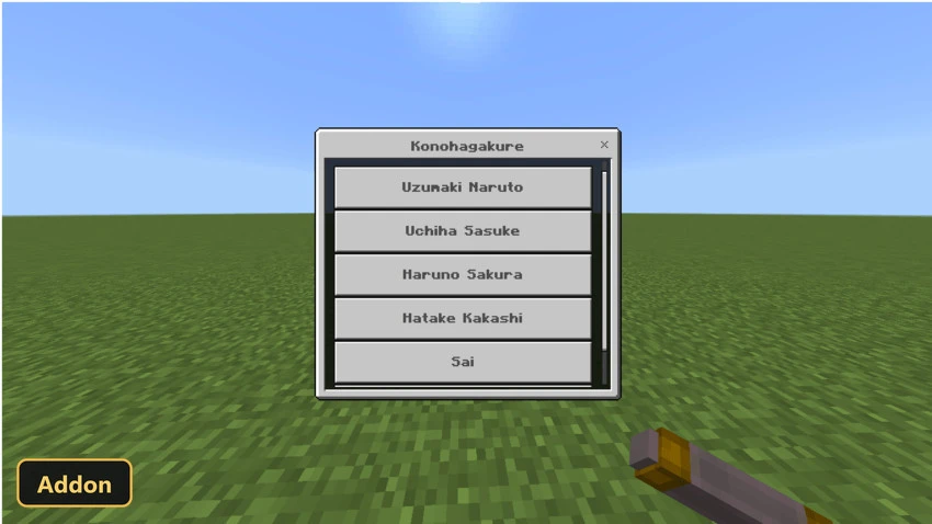 Konohagakure character selection menu with five characters
