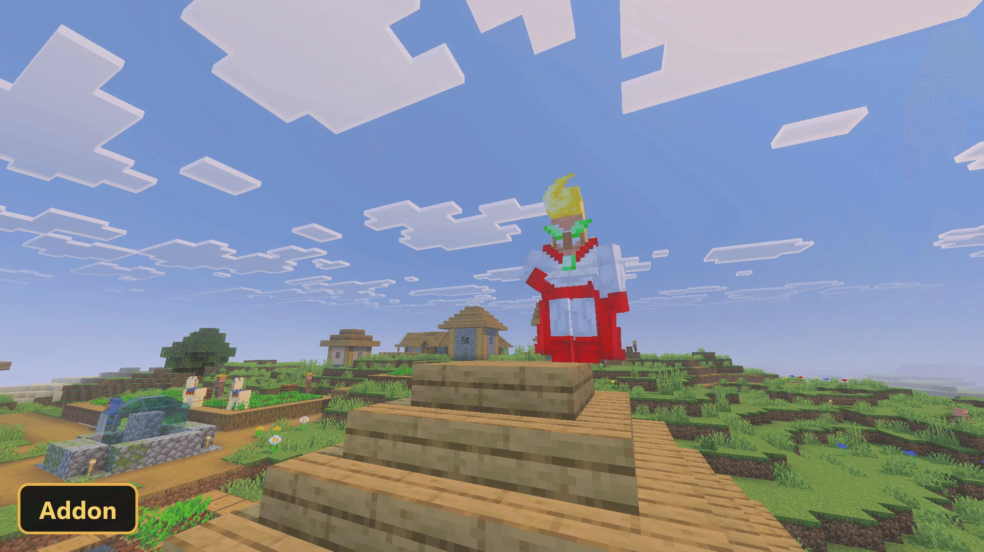 large character statue in a village with a bridge