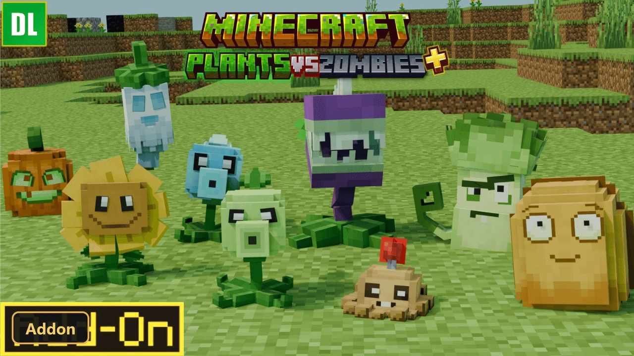 a variety of plant mobs in a grassy Minecraft world