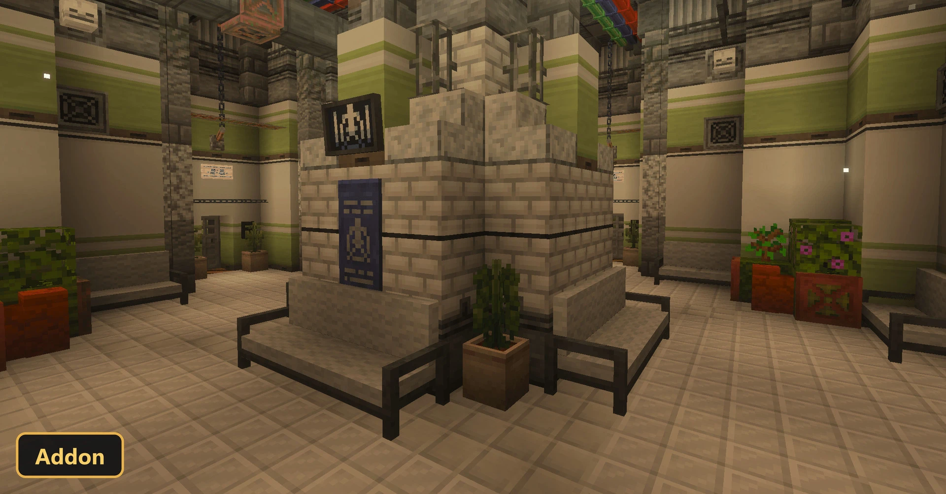 a modern, clean room with a central structure and benches