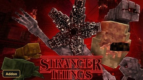 various Stranger Things mobs and characters, including Demogorgon, in a red setting