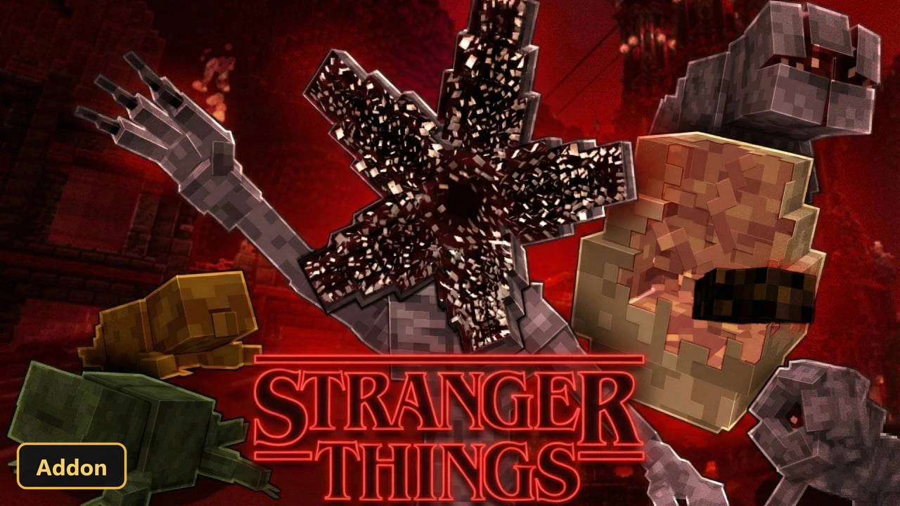 various Stranger Things mobs and characters, including Demogorgon, in a red setting