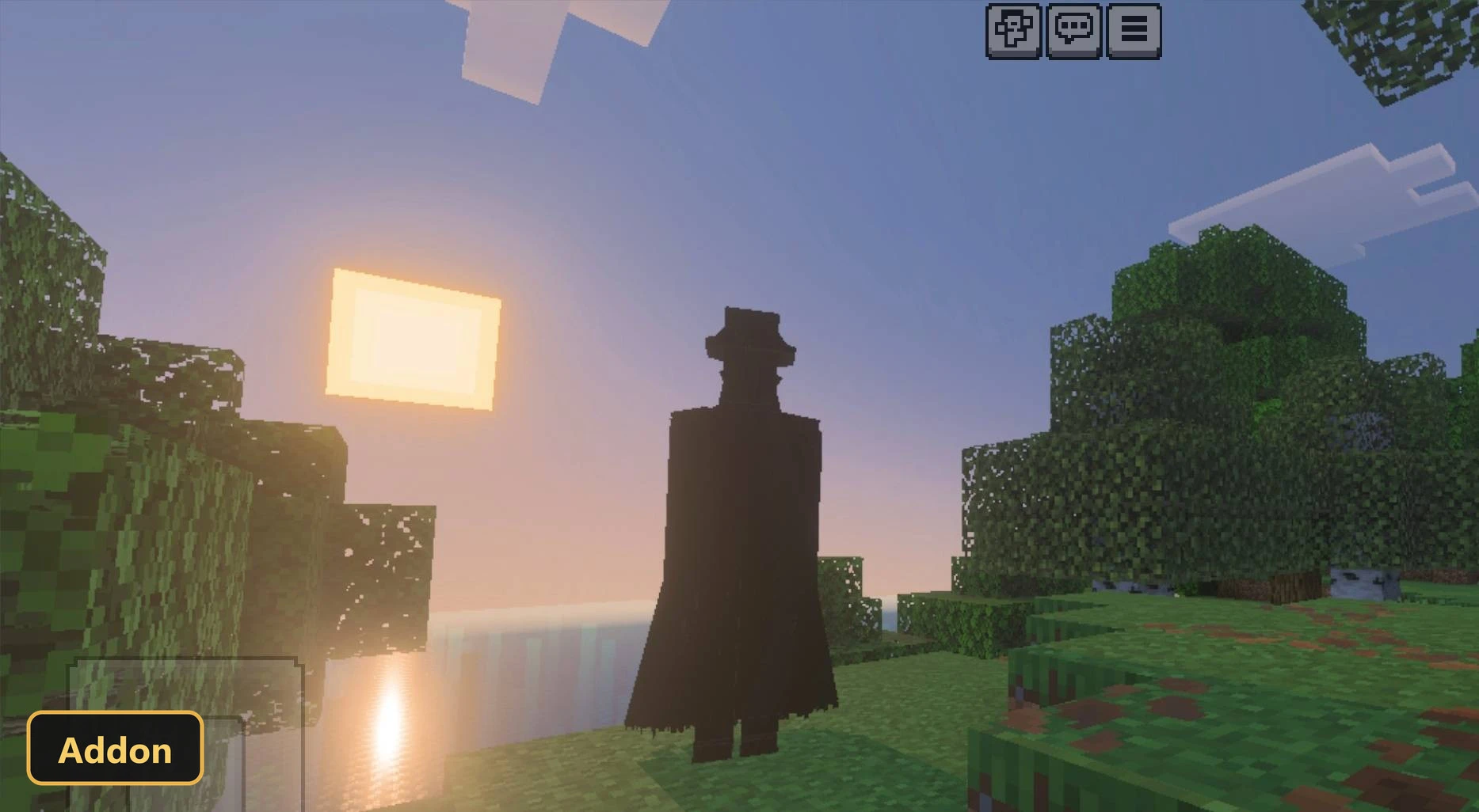 a dark cloaked figure standing in a forest at sunset
