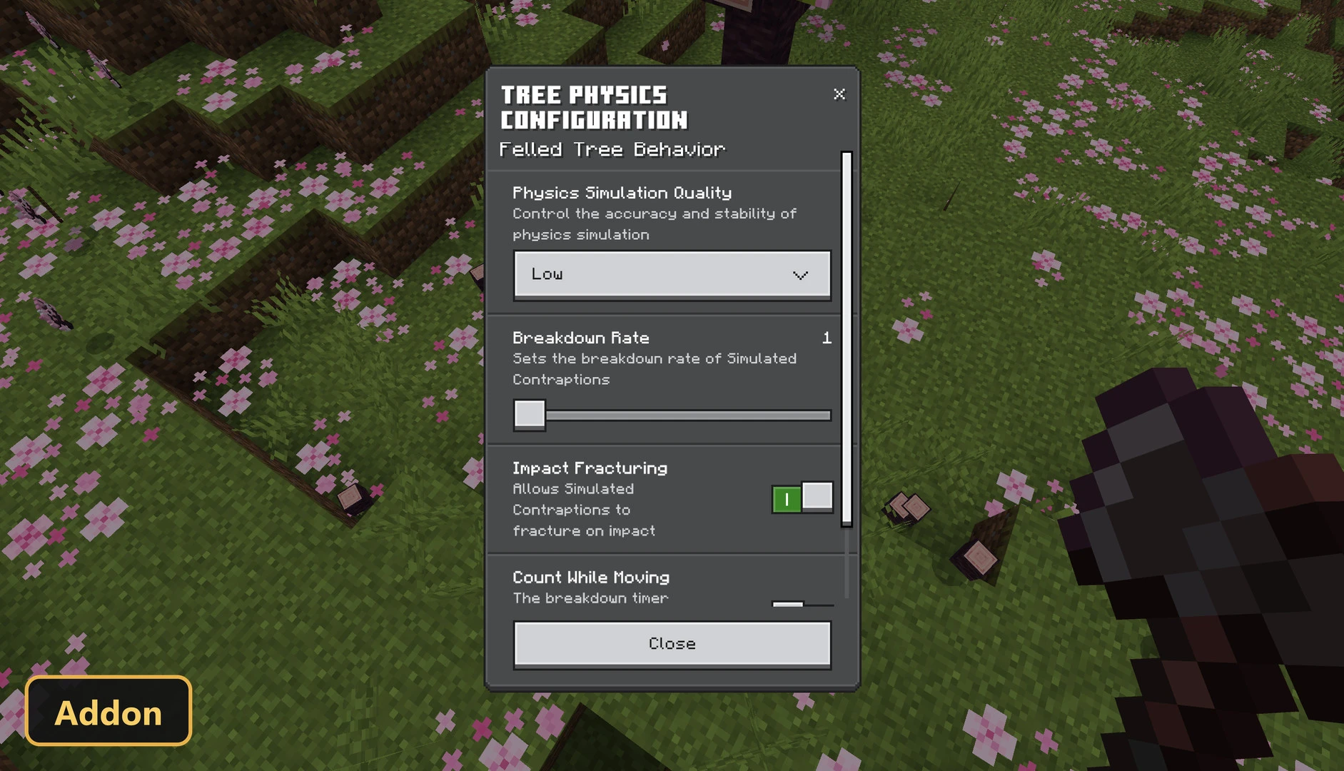 a menu with tree physics configuration options