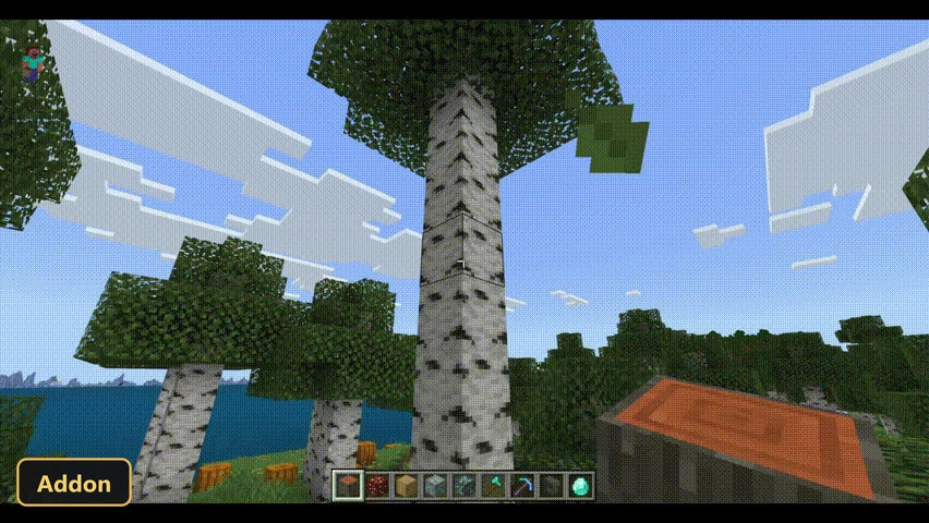 player holding a copper block, looking at a tall birch tree