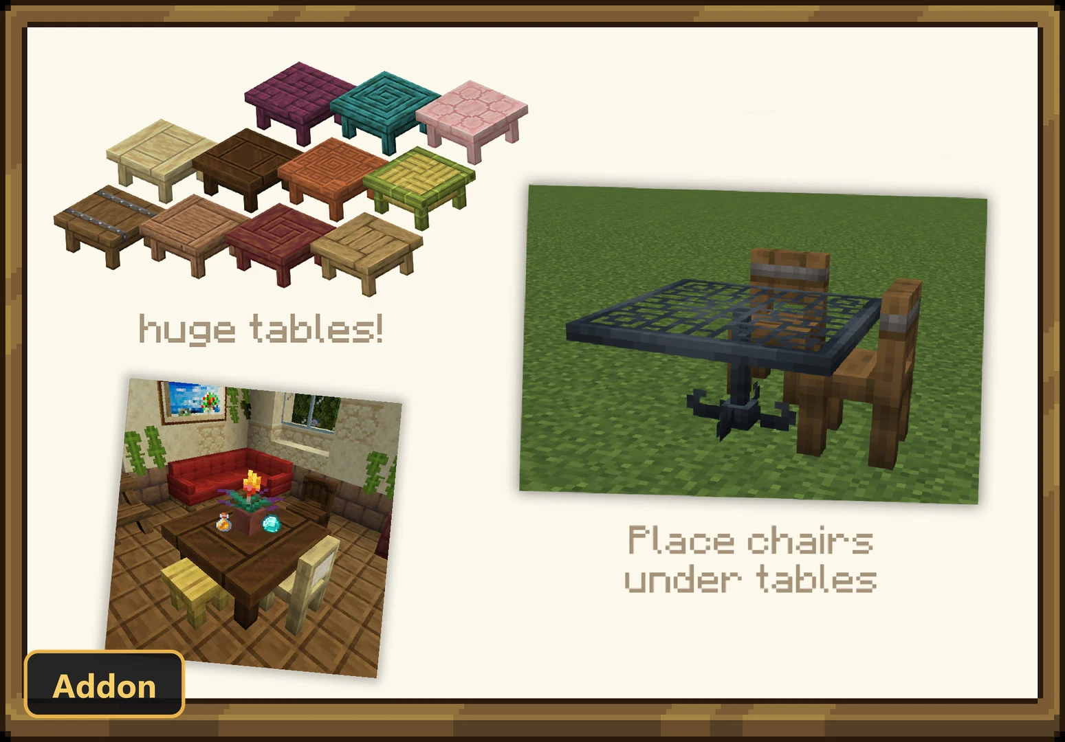 various tables and chairs, including a dining room scene